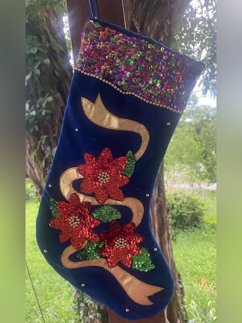 Vintage Beaded Sequin Blue Velvet Holiday Stocking with Red Poinsettias